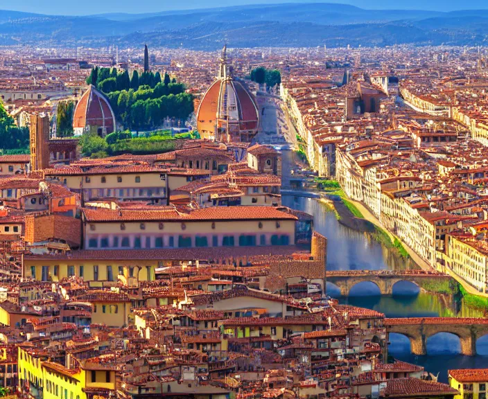 Prompt: 4 k hd, high detail panoramic photograph of florence, shot with sigma f / 4. 2, 2 5 0 mm sharp lens, wide shot, consistent, volumetric lighting, high level texture render