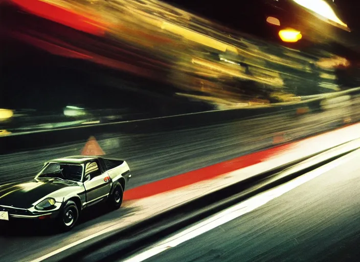 Image similar to Datsun 240Z Fairlady Z 1973 racing down high way night time japan film photo motion blur front side view ((((Wadim Kashin Wenjun Lin))))