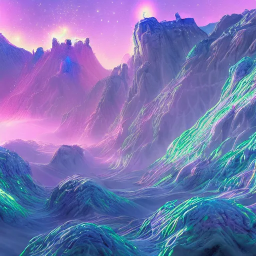 Prompt: a visonary art psychedelic landscape of an alien crystalline kingdom, by erial ali, artstation trending, cgsociety