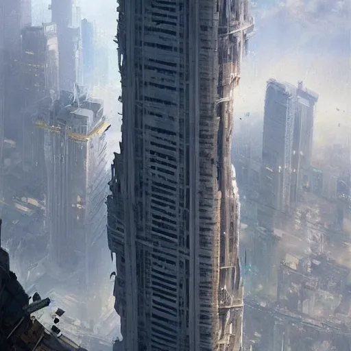 Prompt: A massive skyscraper reaching into space, orbital view, art by greg rutkowski, matte painting, trending on artstation, very detailed