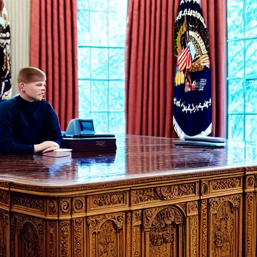 Image similar to cinematic shot of Yung Lean sitting in the desk in the oval office, 8k, very intricate, very detailed,