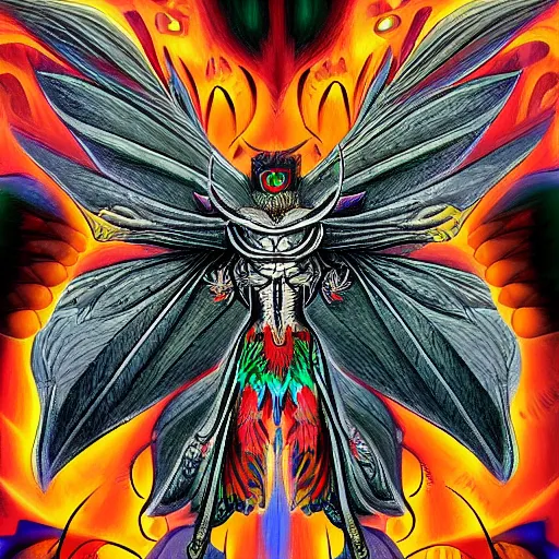 Image similar to 4K headshot of godlike mothman with defined arms and open hands and bloody clothes with giant mandala wings , intricate face , flawless anime cel animation by Kentaro Miura, psychedelic , highly detailed upper body , professionally post-processed , beautiful, scary, symmetry accurate features, epic, octane rendered, anime masterpiece, accurate