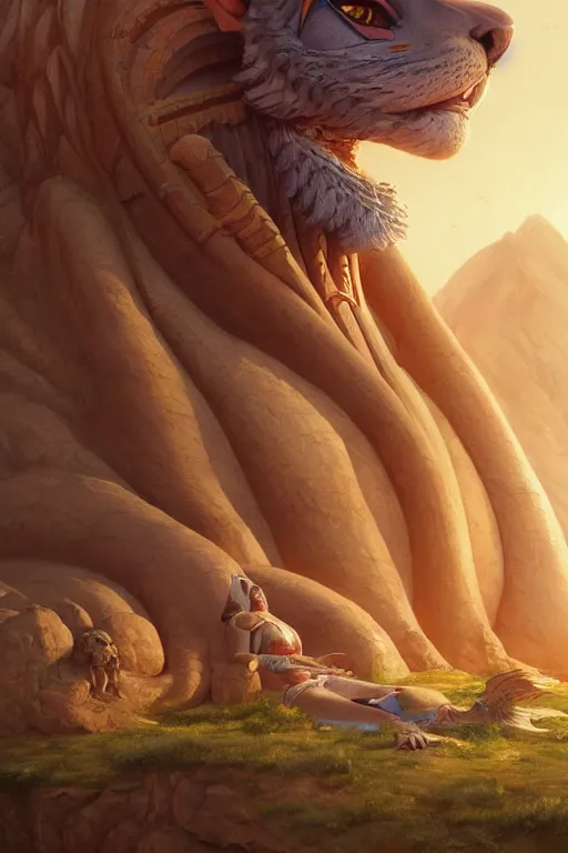 Image similar to legendary sphinx, highly detailed, d & d, fantasy, highly detailed, digital painting, trending on artstation, concept art, sharp focus, illustration, global illumination, ray tracing, realistic shaded, art by artgerm and greg rutkowski and fuji choko and viktoria gavrilenko and hoang lap, sunny