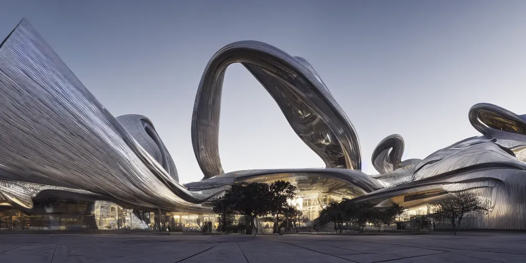 Prompt: extremely detailed ornate stunning sophisticated beautiful elegant futuristic museum exterior by Zaha Hadid, Milan buildings in the background, stunning volumetric light, stainless steal, concrete, translucent material, beautiful sunset, tail lights