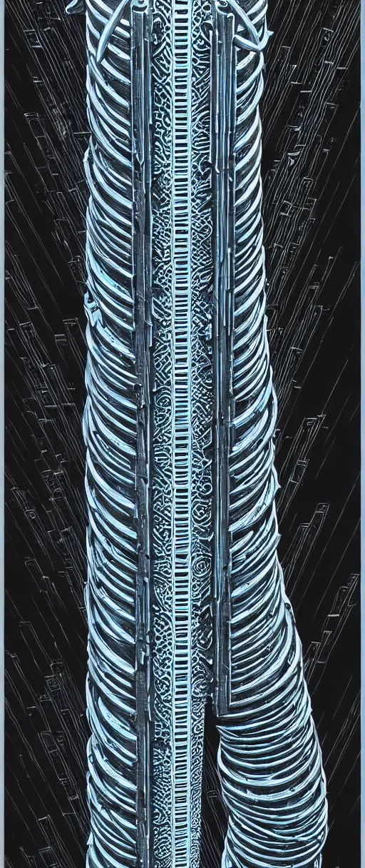 Prompt: a double helix dna cyberpunk carved pillar, high details, lineart, by vincent di fate, inking, screen print, masterpiece, trending on artstation, sharp, high contrast, hyper - detailed,, hd, 4 k, 8 k