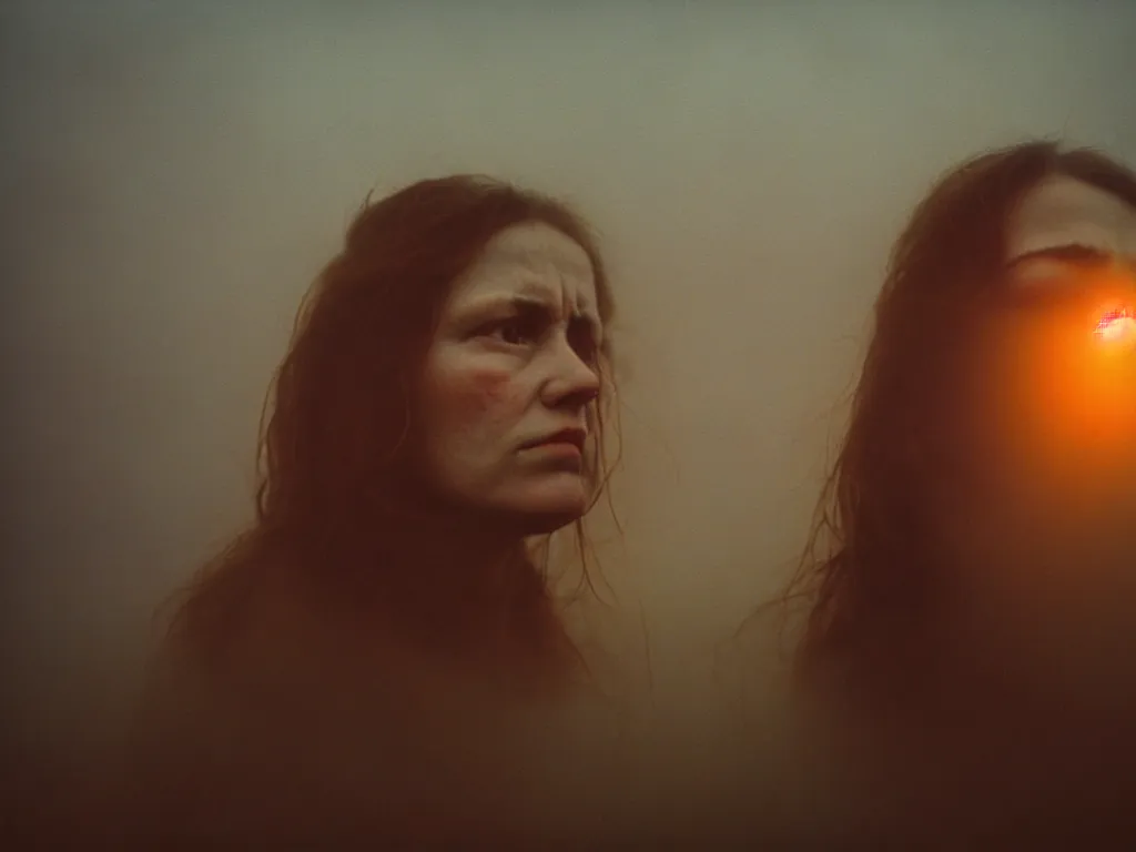 Image similar to close up portrait bust of woman, solemn expression, faded color film, russian cinema, tarkovsky, kodachrome, heavy forest, wood cabin in distance, long brown hair, old clothing, heavy fog, atmospheric haze, brown color palette, sunset, low light, hudson river school, 4 k, dramatic lighting