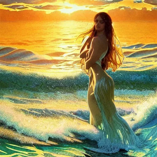 Prompt: fantastically psychedelic ocean wave, water, ripples, backlit, sunset, refracted lighting, outdoors, elegant, highly detailed, lifelike, photorealistic, digital painting, artstation, illustration, smooth, sharp focus, art by collier, albert aublet, krenz cushart, artem demura alphonse mucha