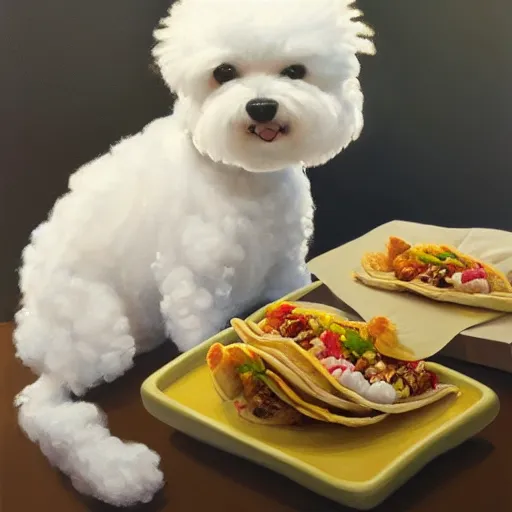 Prompt: a photorealistic oil painting of cute bichon frise eating tacos during sunset Trending on Artstation, featured on Behance, well-rendered, Unreal Engine, 4K HD