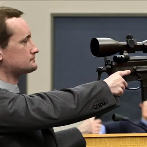 Prompt: mark zuckermedvedev demonstrating ar 1 5 rifle on his trial testimony