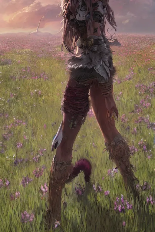 Image similar to A high fantasy wolf girl standing in the middle of the field of flowers by Eddie Mendoza face close up official media beautiful detailed high quality