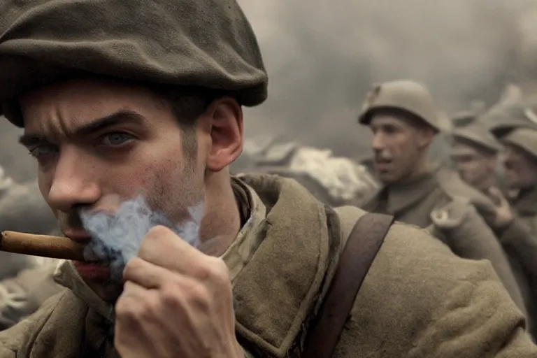 Image similar to jay baruchel smoking cigar, as world war 1 soldier in the trenches, cinematic lighting, high contrast, 4 k hdr imax cinematography by roger deakins, award winning shot, beautiful composition, principal photography, vfx action shot