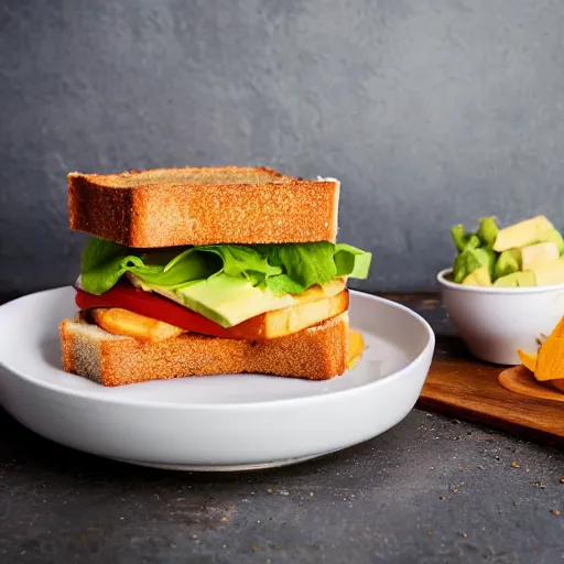 Prompt: sandwich bread with fried tofu, also tomato, onion, avocado and cheddar, over a dish and over a table, sunset background with saturn in the sky, studio photo, amazing light