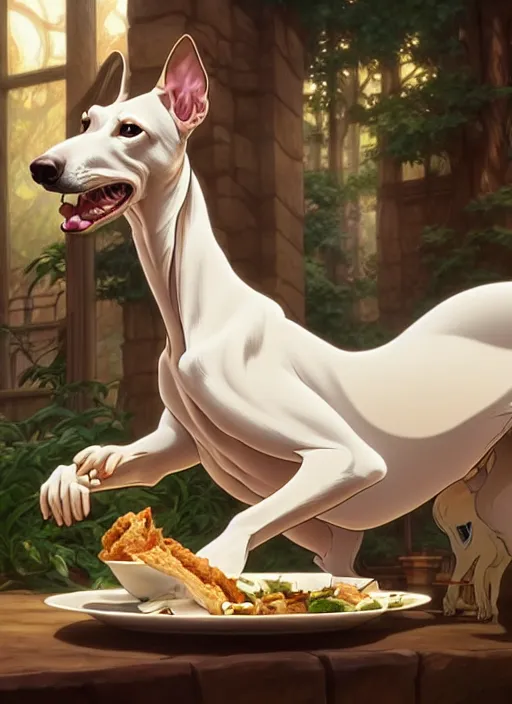 Image similar to white brown greyhound stealing food, natural lighting, path traced, highly detailed, high quality, digital painting, by don bluth and ross tran and studio ghibli and alphonse mucha, artgerm