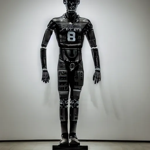 Prompt: a realistic detailed photo of a guy who is an attractive humanoid who is half robot and half humanoid, who is a male android, football player christian mccaffrey, shiny skin, posing like a statue, blank stare, at the museum, on display