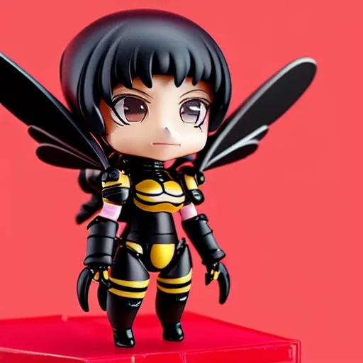 Image similar to photograph of cute bee nendoroid with themed black armor with crimson metal wings, portrait, hyperdetailed, artstation, cgsociety, 8 k, by tangerine dream