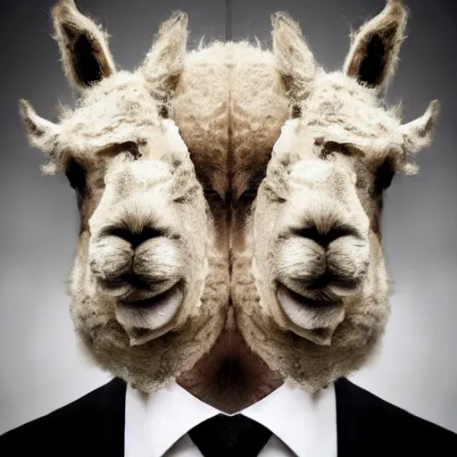 Prompt: a picture of half portrait of a man in suit with an alpaca's head, symmetrical facial features, dark background, octane.