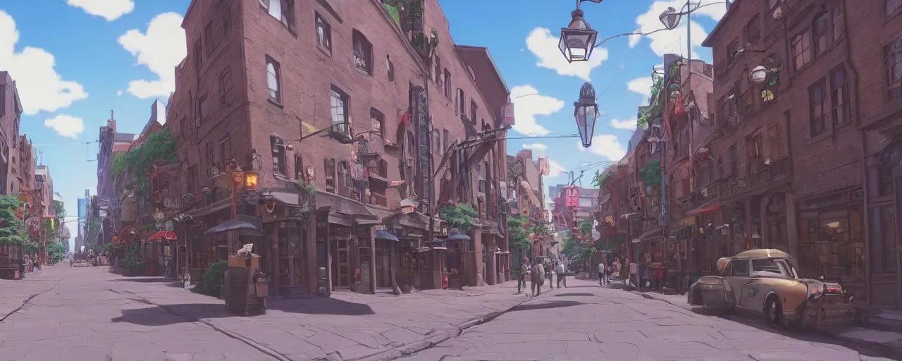 Prompt: A screenshot of the old montreal city street in the scene in the Ghibli anime film, pretty rim highlights and specular