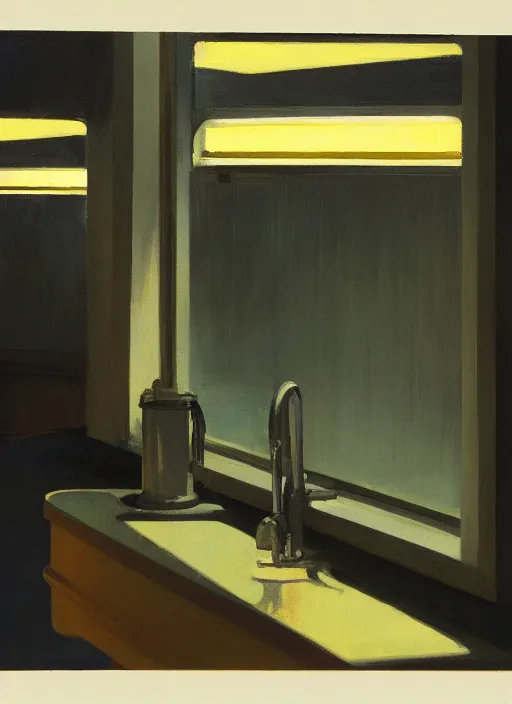 Image similar to water faucet dripping Edward Hopper and James Gilleard, highly detailed