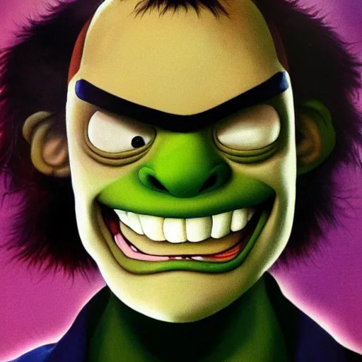 Prompt: jack ma tiny face enlarge cranium in the body form of crang from teenage mutant ninja turtles photo portrait