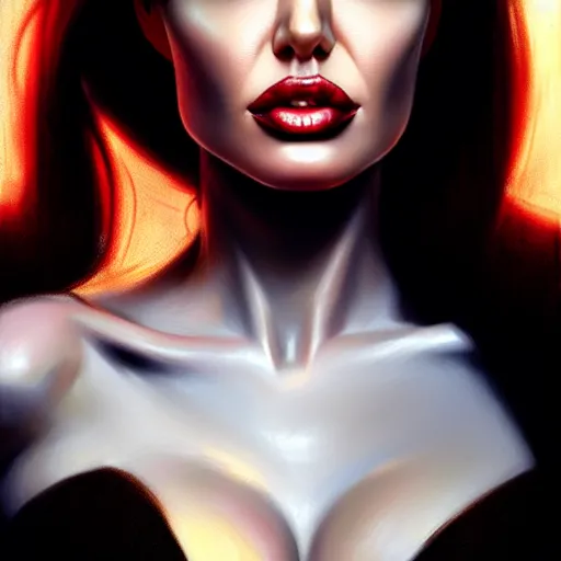 Image similar to angelina jolie jessica rabbit, character headshot portrait, sharp, digital matte painting, art by luis royo, greg rutkowski, wlop, dramatic lighting, trending on artstation