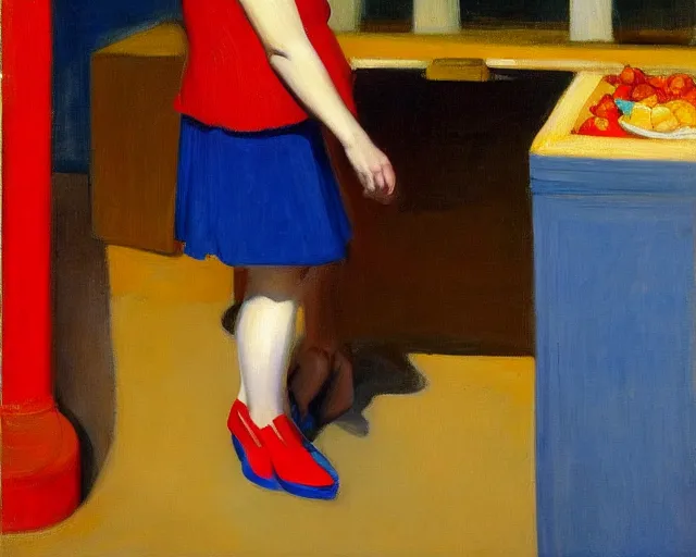 Image similar to blond woman with red and blue shoes in israel, salsa vendor, oil on canvas by edward hopper