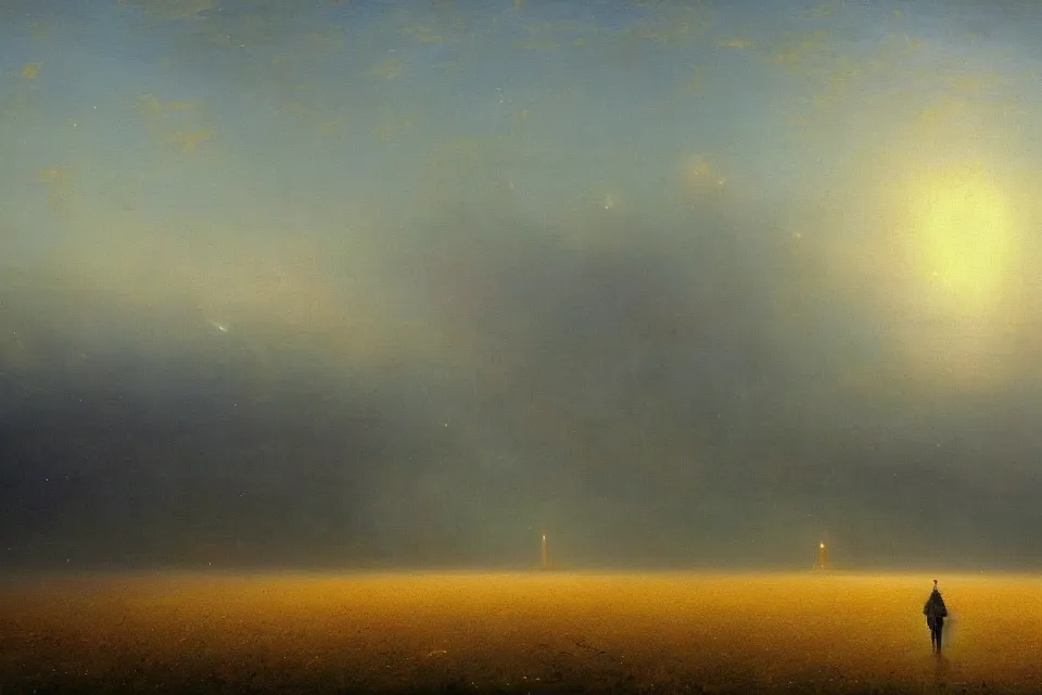 Image similar to sci-fi painting of a large alien city on the vast wheat fields, the closed back view of one humanoid robot on the ground, by Ivan Aivazovsky, godrays, atmospheric, cinematic, detailed