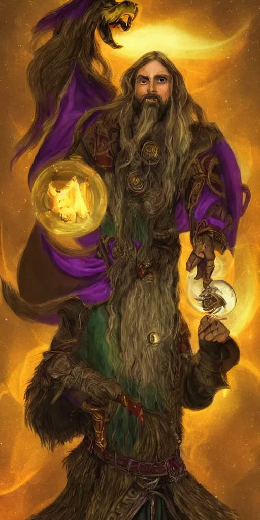 Image similar to dungeons and dragons, realistic,full body long hair goatee warlock with pet imp, magic aura, northern lights