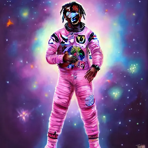 Image similar to Full body portrait of Lil Uzi Vert wearing a pink spacesuit, art by Yoshitaka Amano, matte painting, trending on artstation, space clouds art