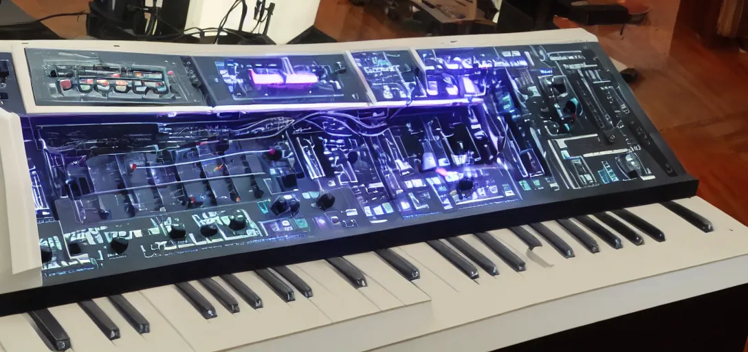 Prompt: retro futuristic analog synthesizer, polycarbonate shell, curved edges, with crt screen, highly detailed, 8 k