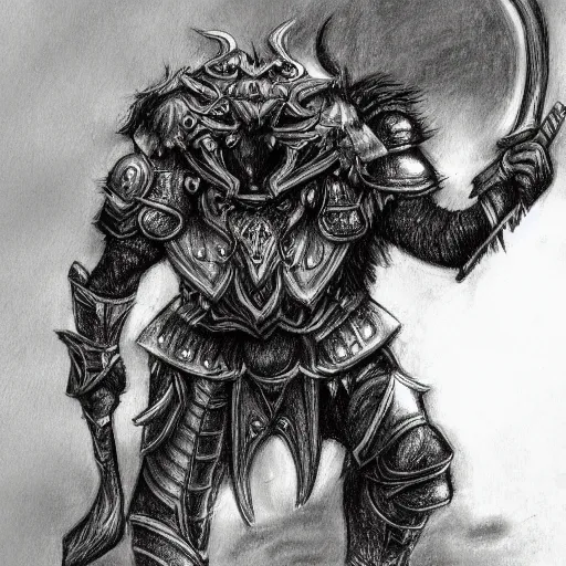 Image similar to detailed fantasy drawing, black furred Minotaur carrying a battle-ax in half plate armor, concept art