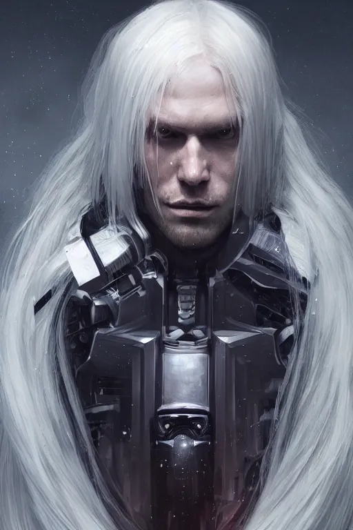 Prompt: a fancy portrait of a strong male cyborg with long white hair and pale skin with joints still visible by greg rutkowski, sung choi, mitchell mohrhauser, maciej kuciara, johnson ting, maxim verehin, peter konig, bloodborne, 8 k photorealistic, cinematic lighting, hd, high details, dramatic, dark atmosphere, trending on artstation