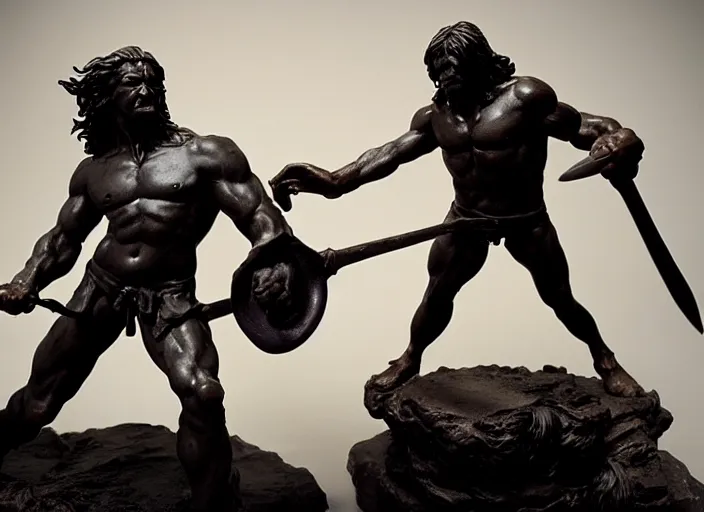 Prompt: a full figure rubber sculpture of a small conan the barbarian fighting a giant troll, by Michelangelo, dramatic lighting, rough texture, subsurface scattering, wide angle lens