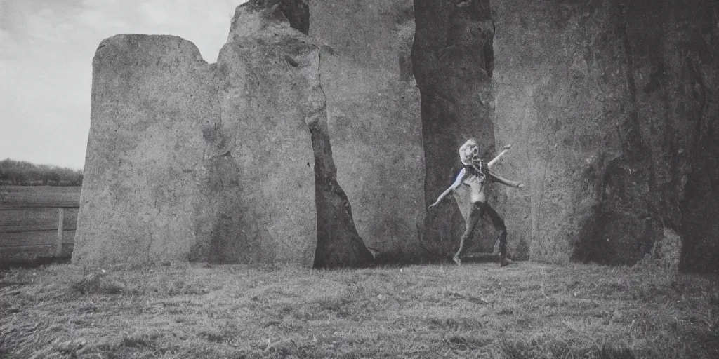 Prompt: creepy photo of dottore dancing around a stone monolith in a barn, 70mm film, old film, found film, scary, ominous, disturbing