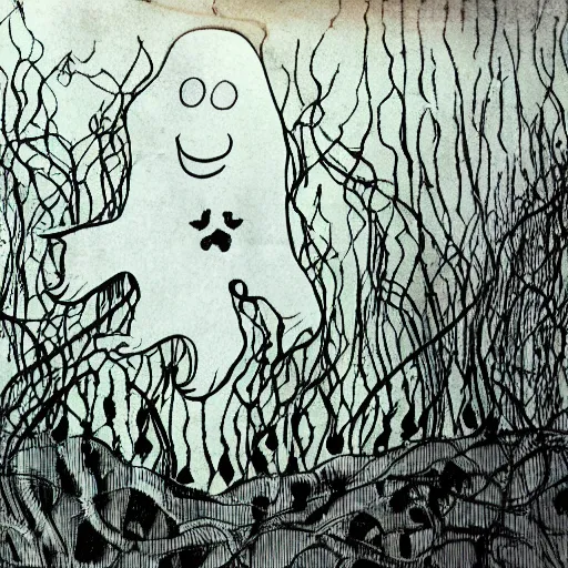 Prompt: a ghost swimming underwater in dirty murky mussy water and ink, vines, weeds, tendrids