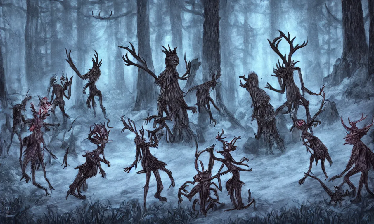 Prompt: Faeries and gnomes fighting a Wendigo in an enchanted forest, photorealistic, dark, digital painting