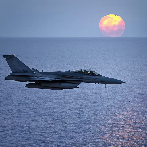 Image similar to two F-18's flying low over the ocean, in the style of flooko, detailed, moonlight, rim light,