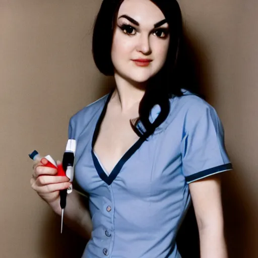 Image similar to sasha grey in 1 9 6 0 s nurse outfit posing with a syringe, 4 k, art station cinematic lighting