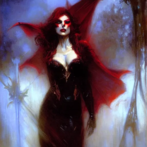 Image similar to attractive vampire queen with red eyes, painting by gaston bussiere, craig mullins