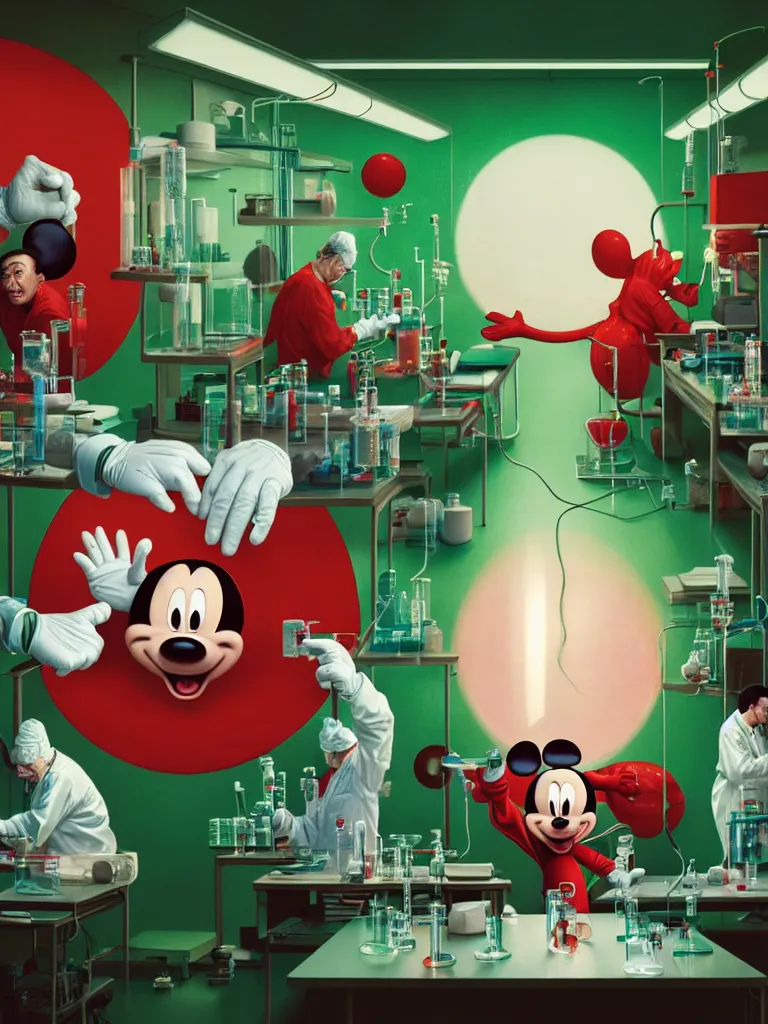 Image similar to scientists in laboratory, single giant mickey mouse face by denning guy, amano yoshitaka, berkey john, bowater charlie, greg rutkowski, netflix logo, green floor, red walls, colored gels, studio photography, 3 5 mm film look