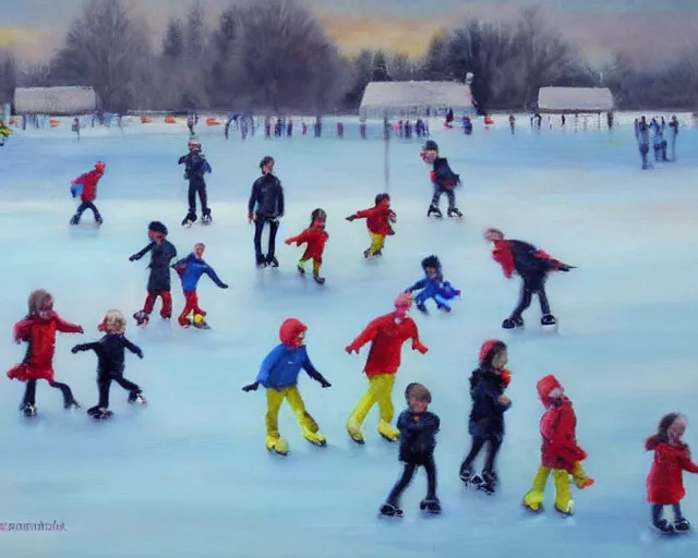 Image similar to Children ice skating. Oil painting by Norbert Schwontkowski.