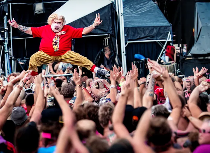 Image similar to photo still of rip taylor at vans warped tour!!!!!!!! at age 6 3 years old 6 3 years of age!!!!!!! stage diving at a crowd, 8 k, 8 5 mm f 1. 8, studio lighting, rim light, right side key light