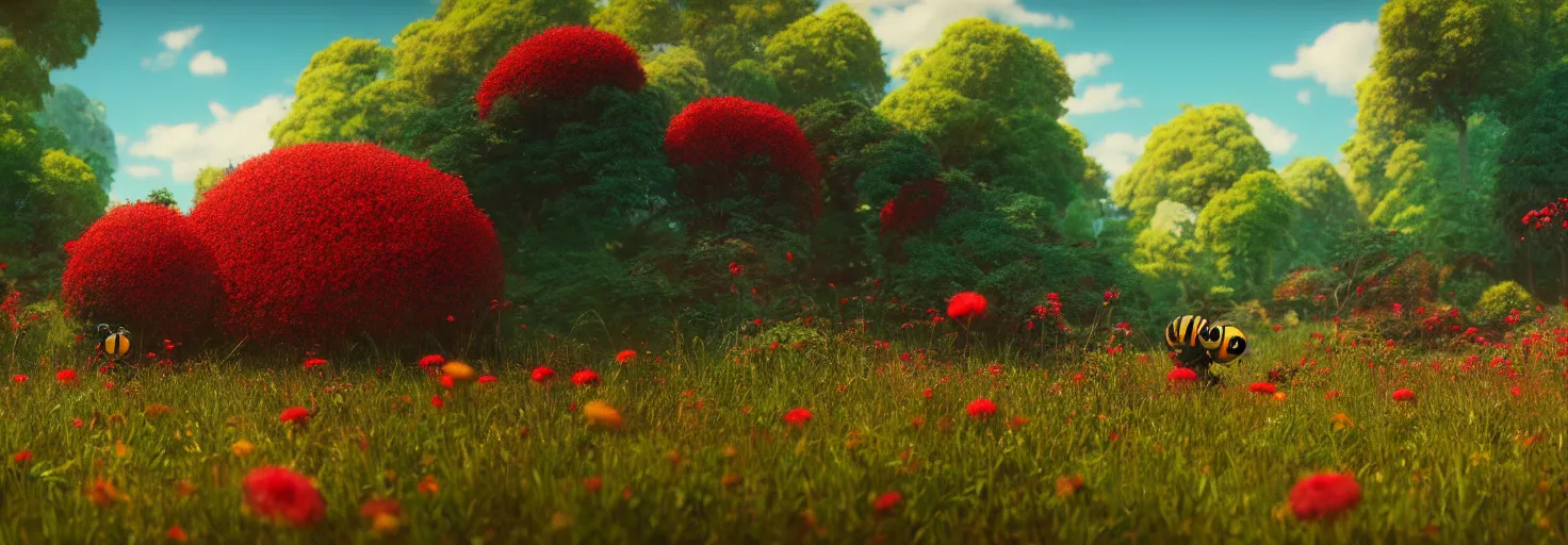 Image similar to crimson - black beehive, in a beautiful forest meadow village landscape, flowers, happy trees, photorealistic, octane render, rtx, hdr, unreal engine, digital art widescreen 8 k, studio ghibli, bob ross, pixar, bee movie, disney