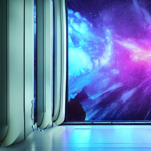 Prompt: 8 k hd detailed octane render of a spaceship corridor with a colorful nebula outside the window