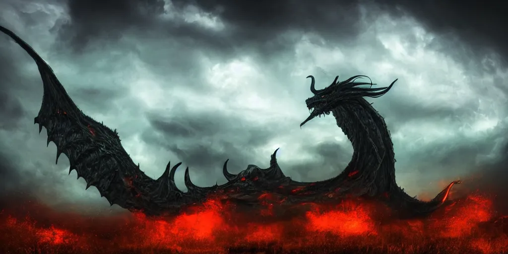 Prompt: A beautiful and very detailed photo of a huge lich dragon with wings spread out in a night of storm clouds and red lightning streaking down from the sky. He has large circular horns like those of a bighorn ram, red eyes, and a few pieces of his flesh missing or torn, and green smoke coming from his dark greenish body, majestic, exalted, elegant, epic, 4k, 8k, trending on Artstation, digital art