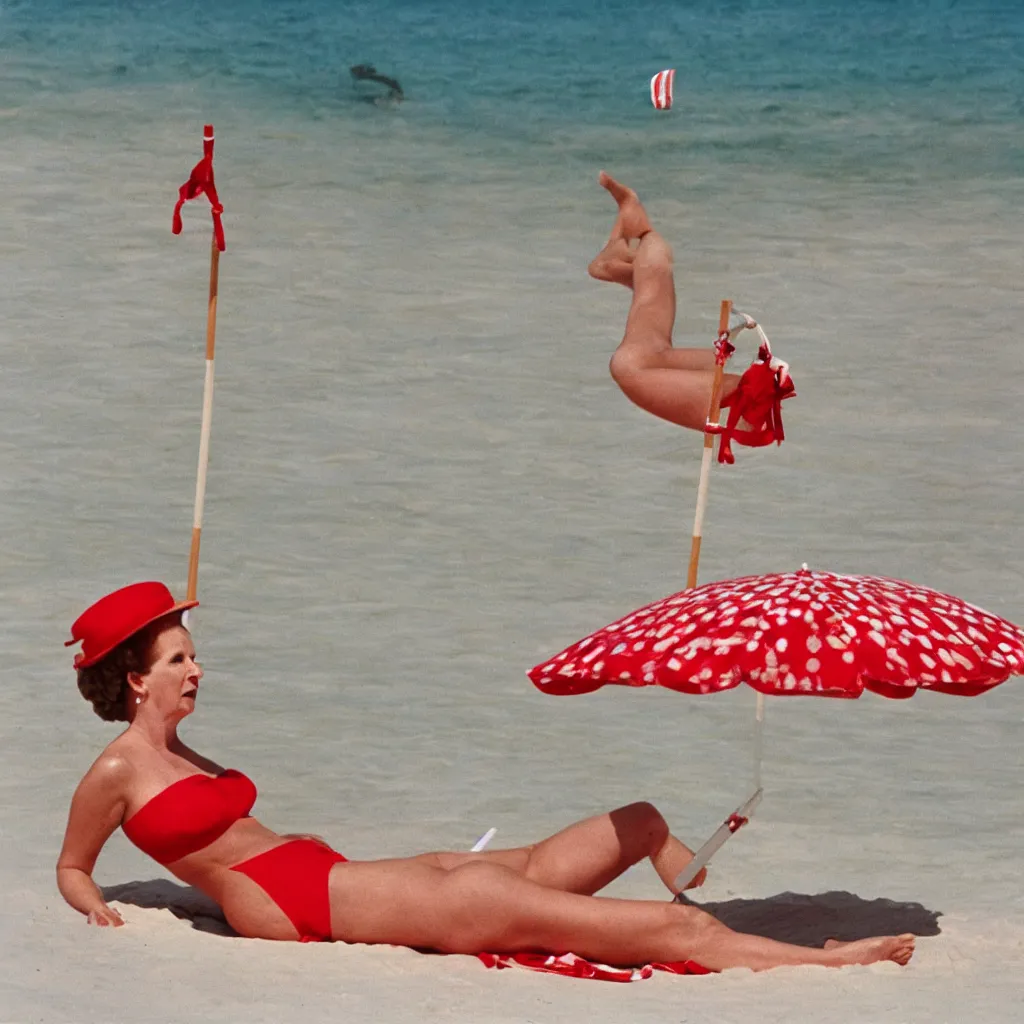 Prompt: margaret thatcher sunbathing, wearing red bikini, on a pristine beach with white sand, under an umbrella made from straws