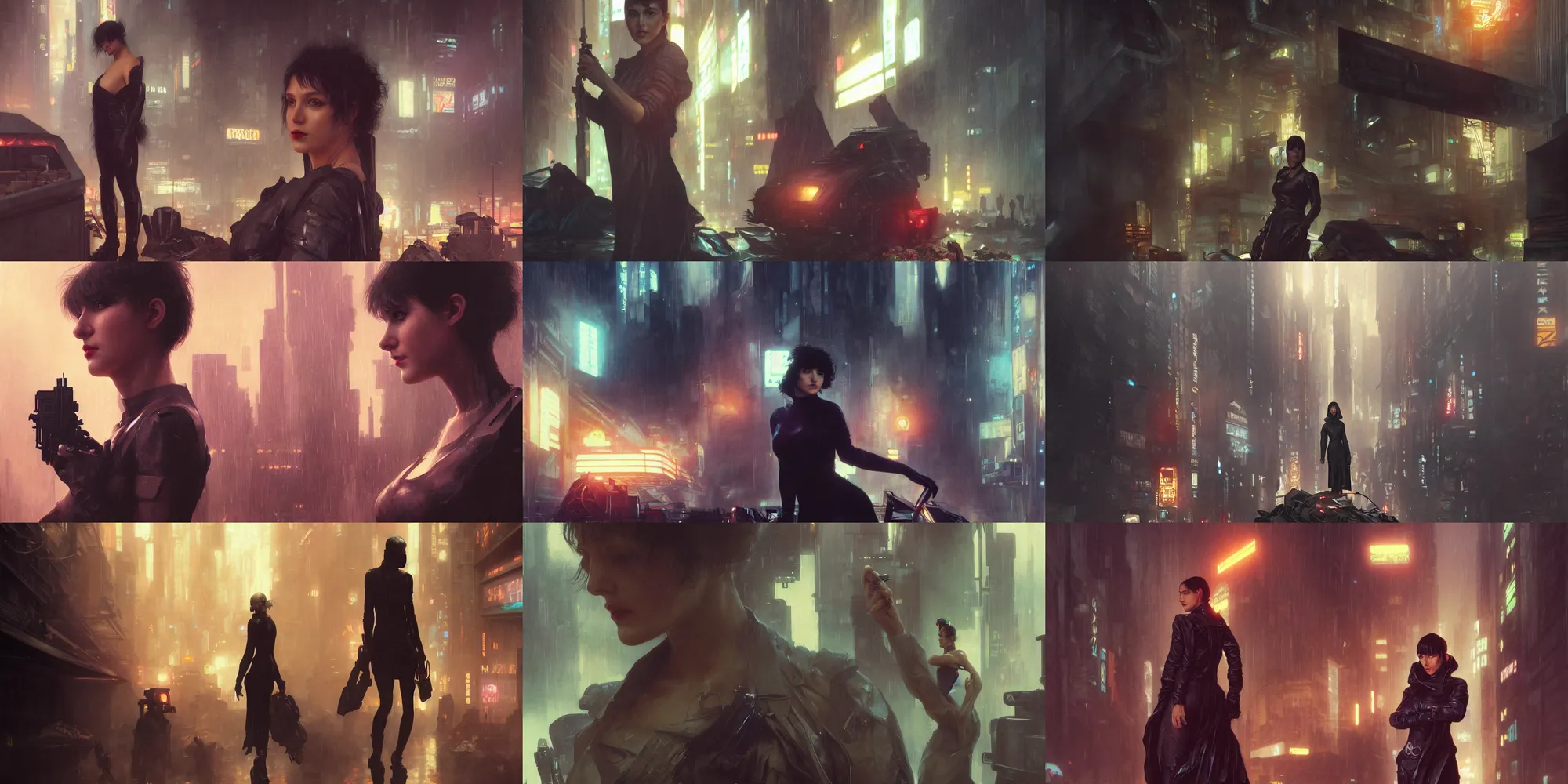 Prompt: blade runner, a portrait of a cyberpunk woman near a wide angle shot of trash and food, cyberpunk, scifi, octane render, highly detailed, digital painting, artstation, concept art, smooth, sharp focus, illustration, art by artgerm and greg rutkowski and alphonse mucha and william - adolphe bouguereau