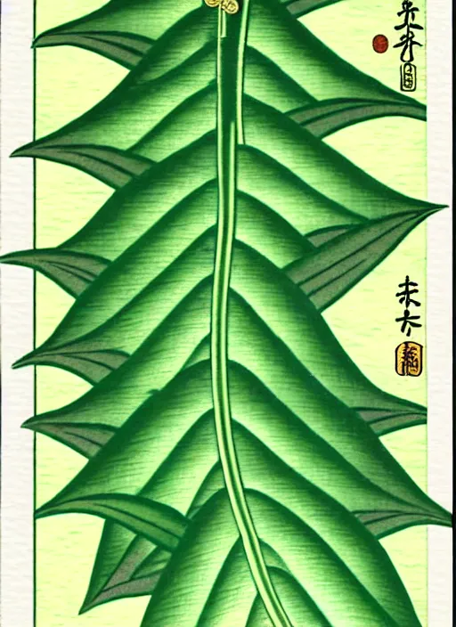 Image similar to fantasy scientific botanical trading card illustration of a green leafy plant that grows like a waterfall ,Ukiyo-e, isometric view, diego rivera