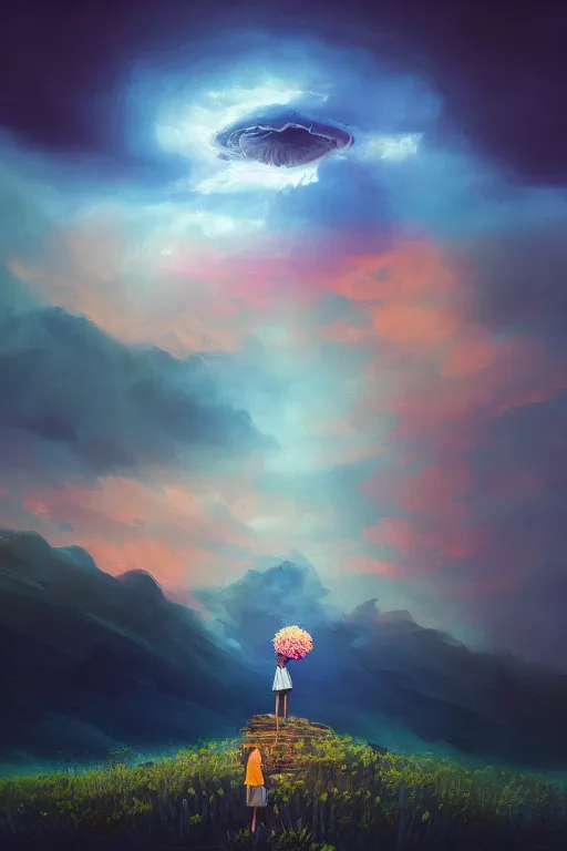 Image similar to closeup giant dahlia flower over the head, girl standing on mountain, surreal photography, blue storm clouds, dramatic light, impressionist painting, digital painting, artstation, simon stalenhag