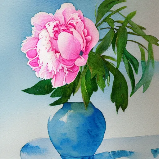 Image similar to a watercolor still life of a pink peony on a blue background