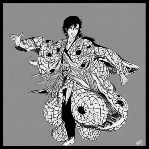 Prompt: black and white pen and ink!!!!!!! Yoshitaka Amano designed Guy Madison wearing cosmic space robes made of stars final form flowing royal hair golden!!!! Vagabond!!!!!!!! floating magic swordsman!!!! glides through a beautiful!!!!!!! Camellia!!!! Tsubaki!!! death-flower!!!! battlefield dramatic esoteric!!!!!! Long hair flowing dancing illustrated in high detail!!!!!!!! by Moebius and Hiroya Oku!!!!!!!!! graphic novel published on 2049 award winning!!!! full body portrait!!!!! action exposition manga panel black and white Shonen Jump issue by David Lynch eraserhead and beautiful line art Hirohiko Araki!! Rossetti, Millais, Mucha, Kentaro Miura, Jojo's Bizzare Adventure!!